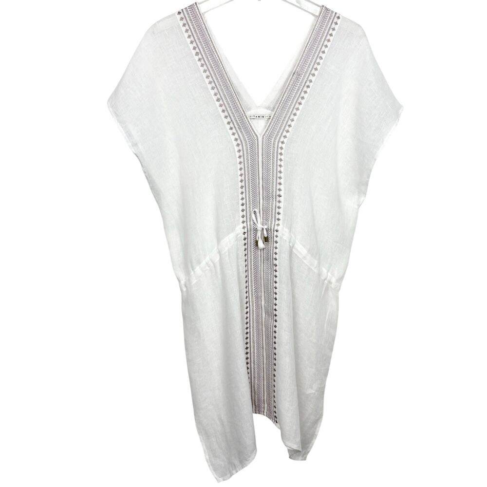 Vitamin A Caftan Linen Embroidered Cover Up Sleeveless Waist Tie Size Large